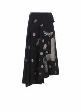 BUTTERFLY-PRINT DUNGAREE TWILL ASYMMETRIC LONG SKIRT Cool Fabric Fall Go