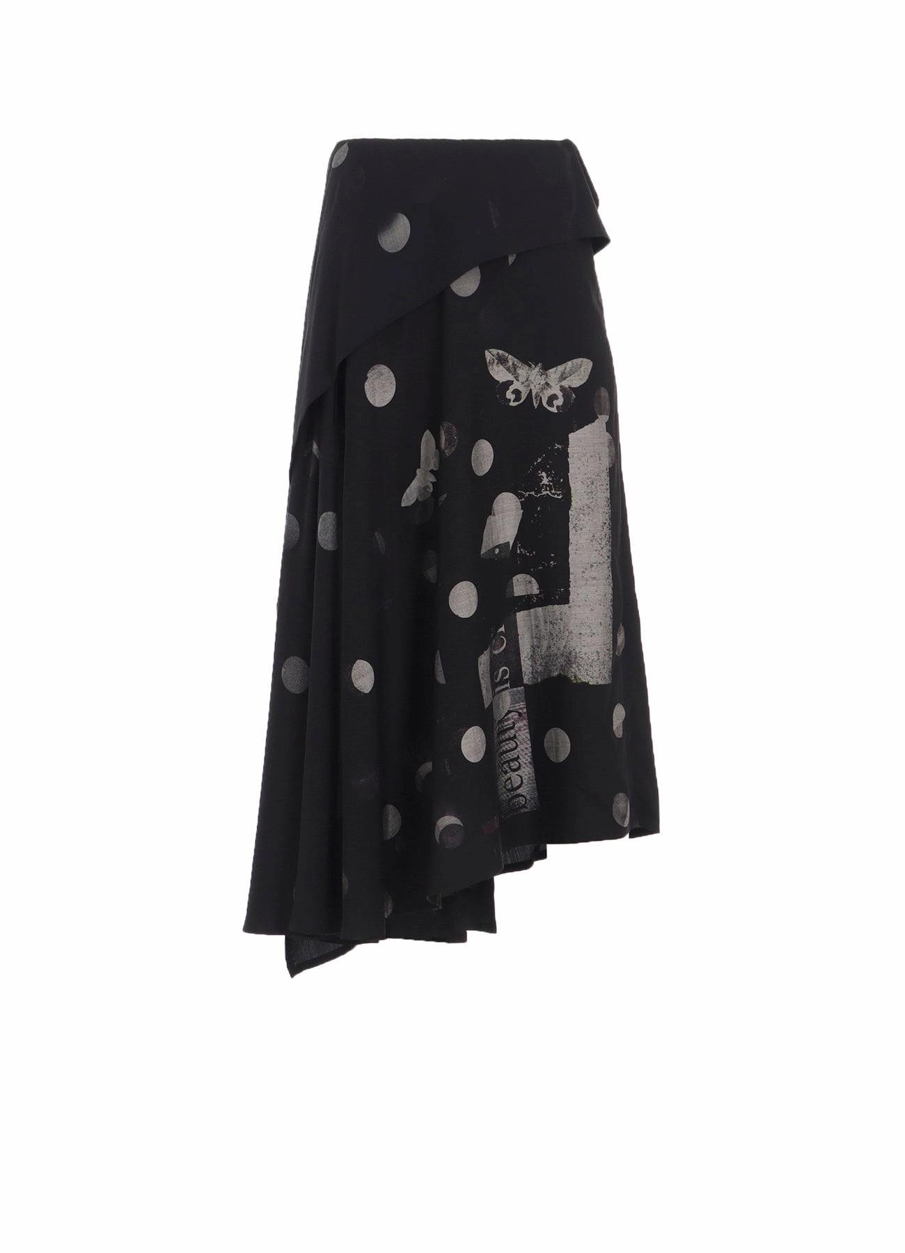 BUTTERFLY-PRINT DUNGAREE TWILL ASYMMETRIC LONG SKIRT Cool Fabric Fall Go