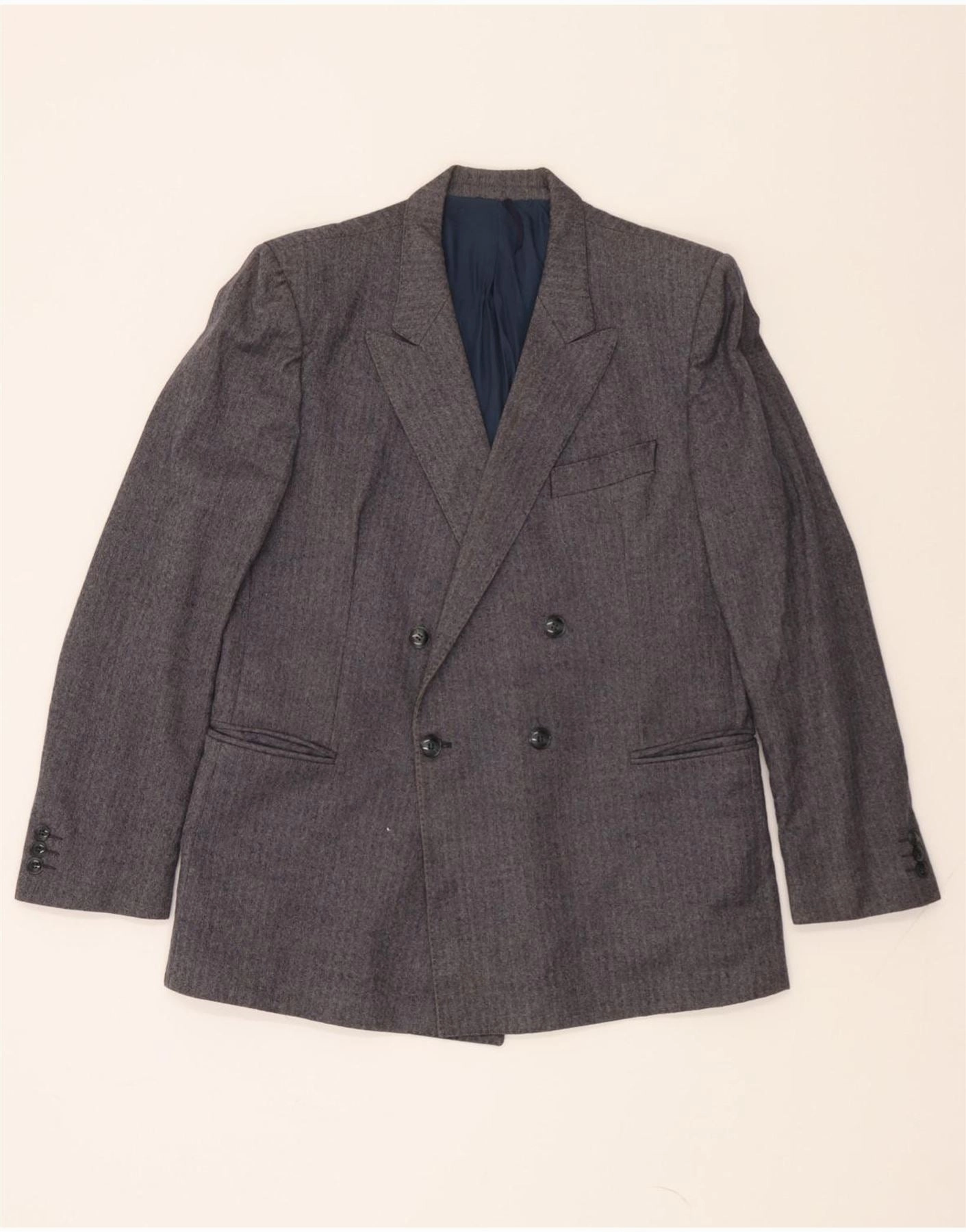 VINTAGE Mens Blazer Jacket UK 40 Large Navy Blue Herringbone Chic Business