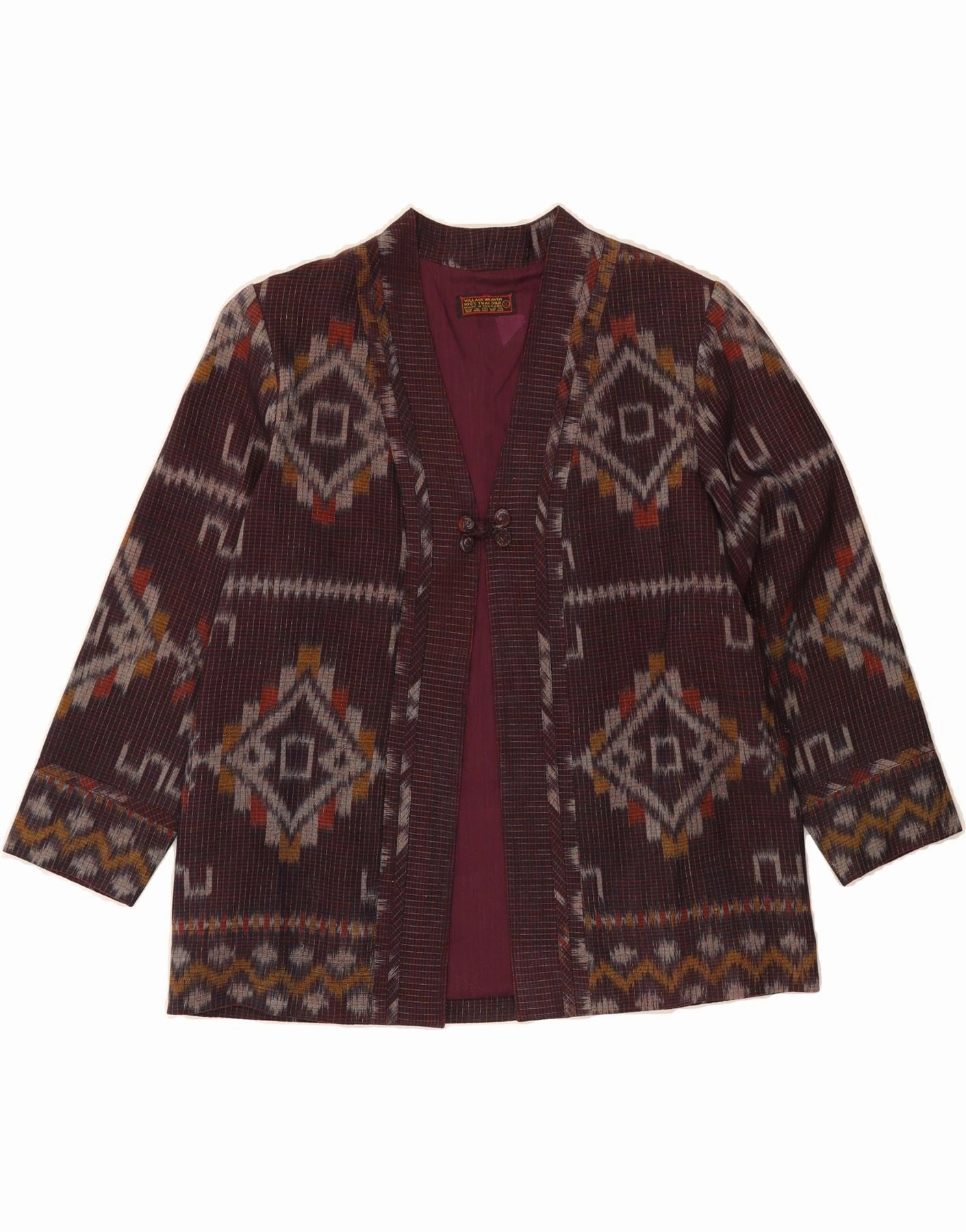 Adjustable Waist System VINTAGE Womens Blazer Jacket UK 42 XL Burgundy Argyle/Diamond Silk Ethnic