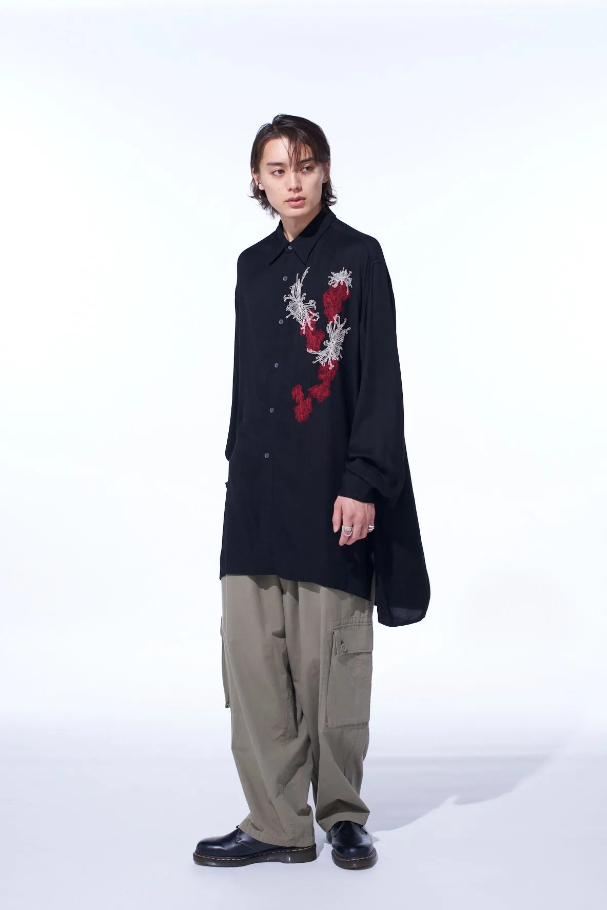 VISCOSE TWILL CHRYSANTHEMUM EMBROIDERY OVERSIZED SHIRT Cocktail Event Loose Comfort