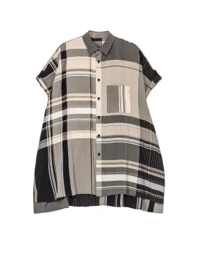 Multi Layer Stitching RAYON WRINKLED PLAID HALF SLEEVE BLOUSE