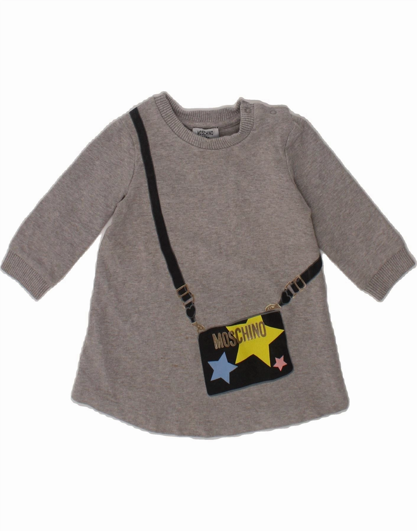 MOSCHINO Baby Girls Graphic Jumper Dress 6-9 Months Grey Cotton Waist-Cinching Versatile Layering