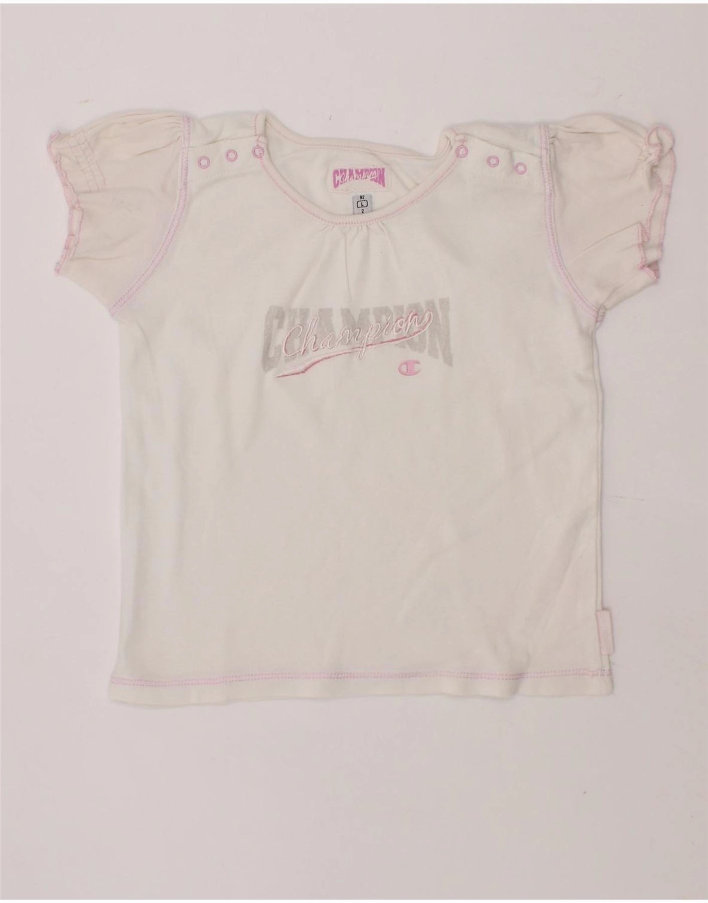 CHAMPION Baby Girls Graphic T-Shirt Top 18-24 Months Large  White Soft Material Reinforced Elbow Patches