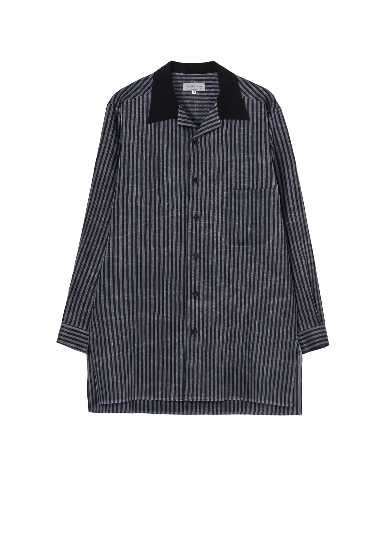 STRIPE OPEN COLLAR BLOUSE WITH DIFFERENT FABRIC Odor Resistant Reinforced Hems