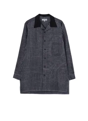 STRIPE OPEN COLLAR BLOUSE WITH DIFFERENT FABRIC Odor Resistant Reinforced Hems